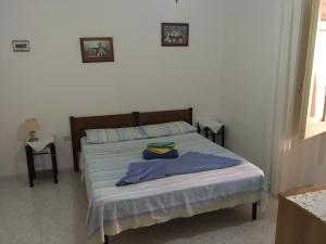 a bedroom with a bed with blue sheets and two pictures on the wall at Anna Apartment in Villaputzu