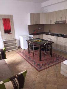 a kitchen with a table and chairs in a room at Pensiunea Zbor 1 in Cluj-Napoca