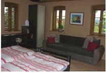 a bedroom with a bed and a couch and windows at In der alten Weinstube in Freital