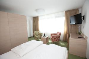 a hotel room with a bed and a tv at Hotel Weiss S in Neustift im Mühlkreis