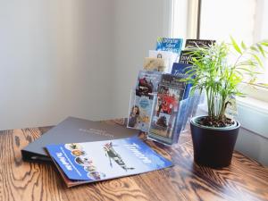 a table with books and a potted plant on it at SkyLodge Temora in Temora