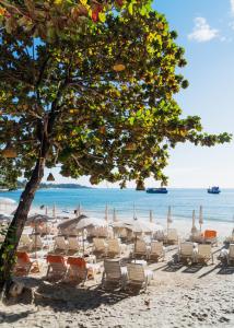 a beach with chairs and umbrellas and a tree at Samed Villa Resort in Ko Samed