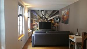 a living room with a couch and a television at Le Duplex in Honfleur