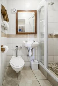 uma casa de banho com um WC, um lavatório e um chuveiro em Hotel 224 & Apartments em Pretoria