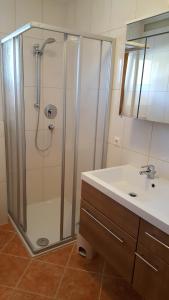 a bathroom with a shower and a sink at Glaserhof in Gerlosberg