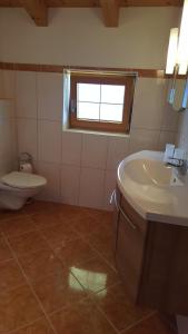 a bathroom with a sink and a toilet and a window at Glaserhof in Gerlosberg