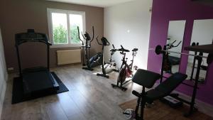 - une salle de sport avec des vélos et des équipements d'exercice dans la chambre dans l'établissement Cozy Hôtel Logis Morlaix, à Plouigneau
