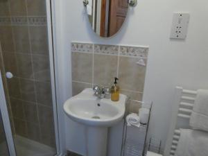 uma casa de banho com um lavatório e um chuveiro com um espelho. em West View Farm em Louth