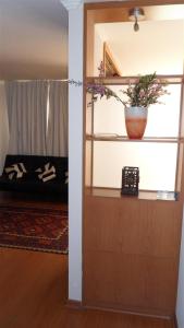 Una habitación con una puerta con una maceta. en Barrio Lastarria, Departamento 2 ambientes, en Santiago