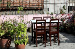un tavolo e delle sedie in un giardino con piante di Mitra Garden Inn a Kathmandu