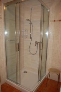 W łazience znajduje się prysznic ze szklaną kabiną prysznicową. w obiekcie Zum Sonnenuntergang w Zingst