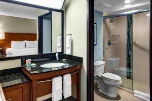 a bathroom with a sink and a toilet and a shower at Hyatt Place Memphis Primacy Parkway in Memphis