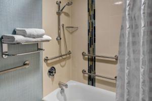 a bathroom with a shower and a tub and a sink at Hyatt Place Memphis Primacy Parkway in Memphis