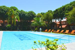a large swimming pool with chairs and trees at Hotel Cortez in Santa Cruz de la Sierra