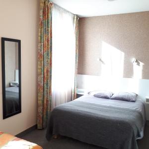 a bedroom with a bed and a large window at Le Saint Christophe in Cosne Cours sur Loire