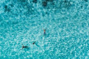 a man standing in the ocean with his arms up at Villa Rosa Maldives in Feridhoo