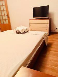 een slaapkamer met een bed en een televisie op een dressoir bij dream residence zepter in Boekarest