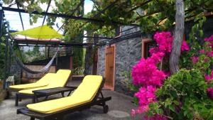 a patio with yellow chairs and pink flowers at Ocean View Cottage in Arco da Calheta