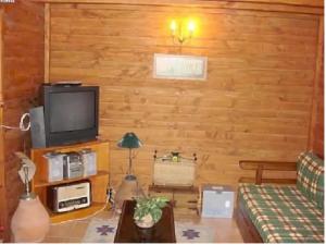 a living room with a couch and a tv at Ocean View Cottage in Arco da Calheta