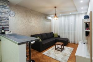 un soggiorno con divano nero e una cucina di Apartment Promenada a Novi Sad