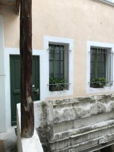 duas portas verdes num edifício com janelas em Appartements nimes em Nîmes