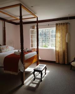 1 dormitorio con cama con dosel y ventana en Wildekrans Country House, en Botrivier