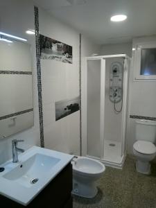 een badkamer met een wastafel, een toilet en een douche bij Apartamentos Juan Jose in Lloret de Mar