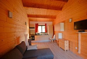 uma sala de estar com um sofá numa casa de madeira em La Briardière em Camélas