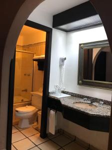 La salle de bains est pourvue de toilettes, d'un lavabo et d'un miroir. dans l'établissement Hotel Chipinque, à Monterrey