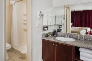 a bathroom with a sink and a toilet and a mirror at Kings Inn Anaheim at The Park & Convention Center in Anaheim