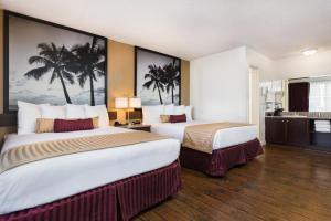 two beds in a hotel room with palm trees on the wall at Kings Inn Anaheim at The Park & Convention Center in Anaheim