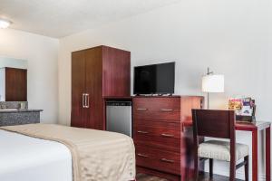 a bedroom with a bed and a desk with a television at Kings Inn Anaheim at The Park & Convention Center in Anaheim