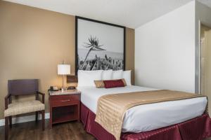 a hotel room with a large bed and a chair at Kings Inn Anaheim at The Park & Convention Center in Anaheim