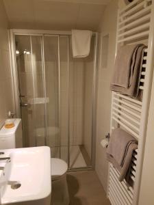 a bathroom with a shower and a toilet and a sink at Villa Sonnenschein in Laa an der Thaya +16 photos