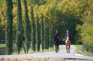 two people riding horses down a road with trees at La Tenuta Dei Ciclamini in Avigliano