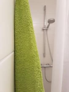 a green towel in a bathroom with a shower at Grüne Wiese - Gäste-Minibungalow in der Edermühle in Grosspertholz