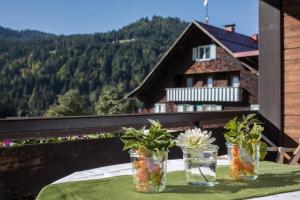 una mesa con tres jarrones de cristal con plantas. en Almhof Lässer en Balderschwang