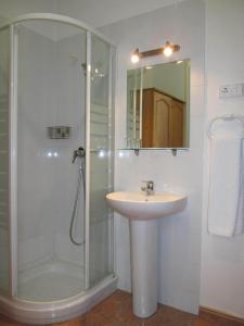 a bathroom with a sink and a shower at Hostal Las Torres in Madrid