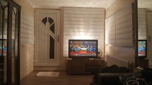a living room with a television and a door at Sportboot Lorenzo in Bornheim