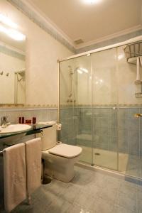 a bathroom with a shower and a toilet and a sink at La Fonda de Bustio in Bustio