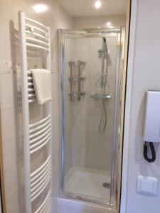 a shower with a glass door in a bathroom at Place aux Oignons Vieux Lille 4 personnes in Lille