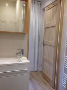 ein Bad mit einer Dusche, einem Waschbecken und einer Tür in der Unterkunft Place aux Oignons Vieux Lille 4 personnes in Lille