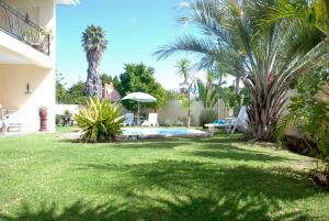 a yard with a pool and palm trees at Mandalay Guest House Plettenberg Bay in Plettenberg Bay