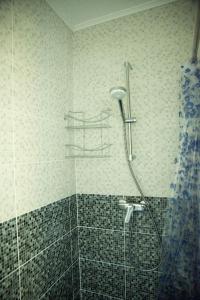 a shower in a bathroom with a glass door at La Marcu Pensiune in Tulcea
