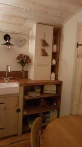 a kitchen with a sink and a counter with a shelf at The Shepherds Snug in Faversham