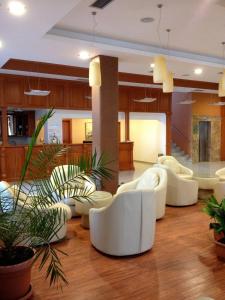 a lobby with white couches and plants at Hotel Millennium in Pogradec