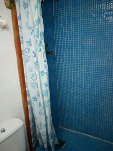 e bagno piastrellato blu con doccia e servizi igienici. di Alojamiento rural El Batán a Priego de Córdoba Altre 10 foto