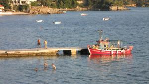 a boat is docked at a dock with people in the water at Notus Villa in Chorto