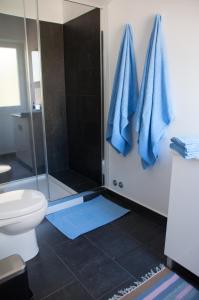 a bathroom with a toilet and a shower with blue towels at Pine Tree Villa in Cascais