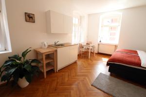 Zimmer mit einer Küche, einem Bett und einem Tisch in der Unterkunft Hotel Sudpfanne in Heidelberg